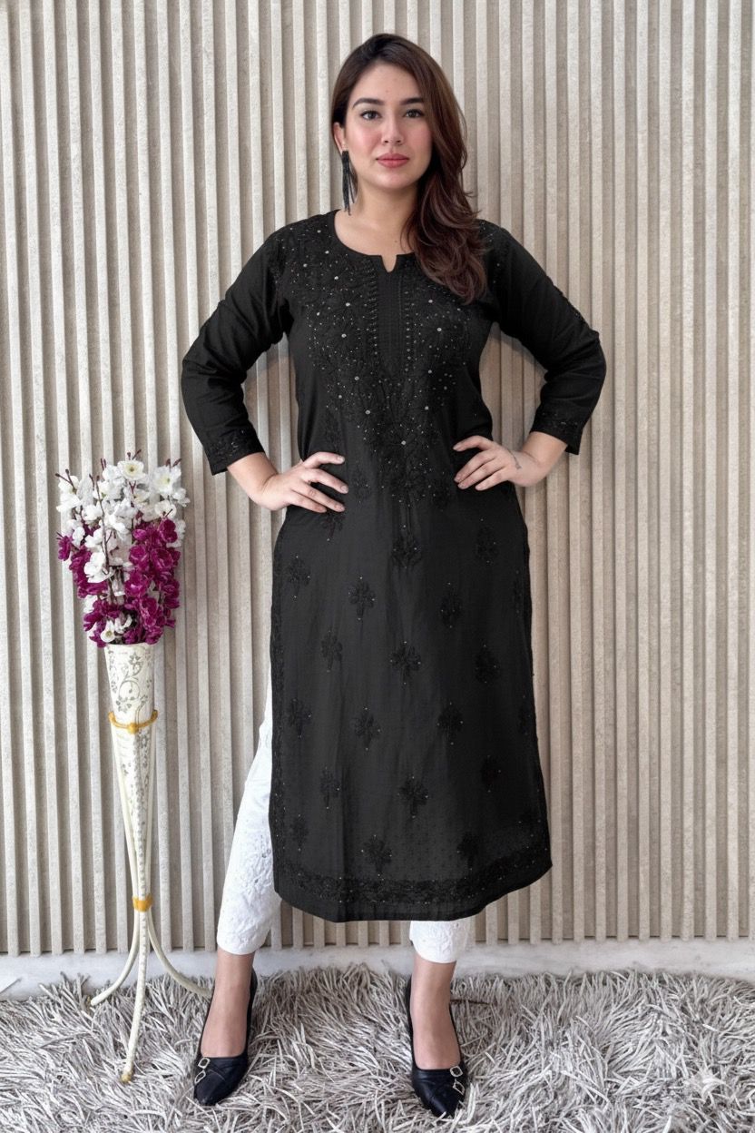 Black Exquisite Lucknow Chikankari Mukesh Work Kurti Set S