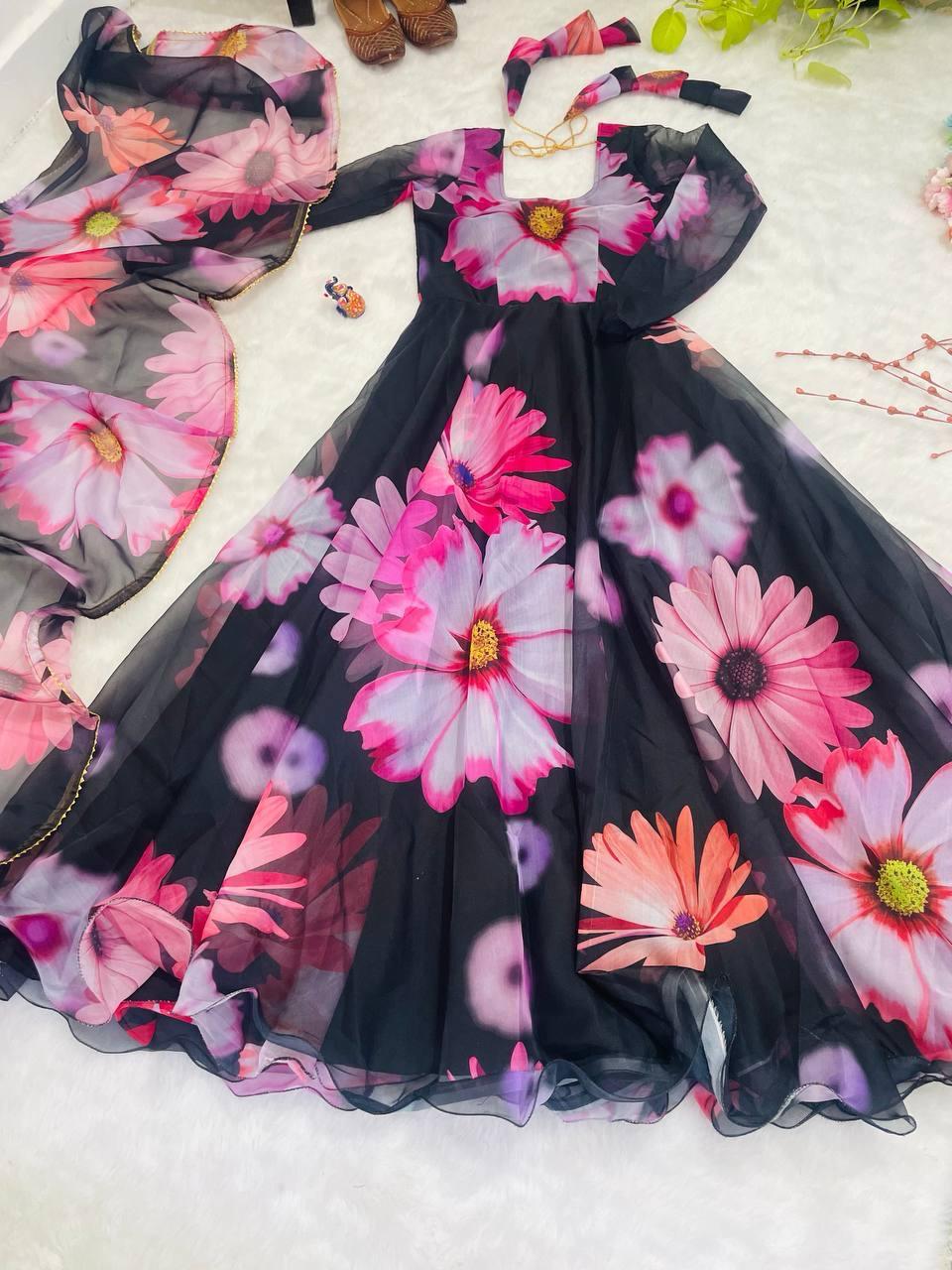 Black Floral Enchanted Organza Gown Set