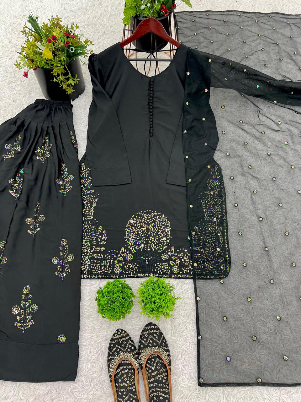 Black Elegant Embroidered Crepe Silk Farshi Salwar Kameez | Ready to Wear