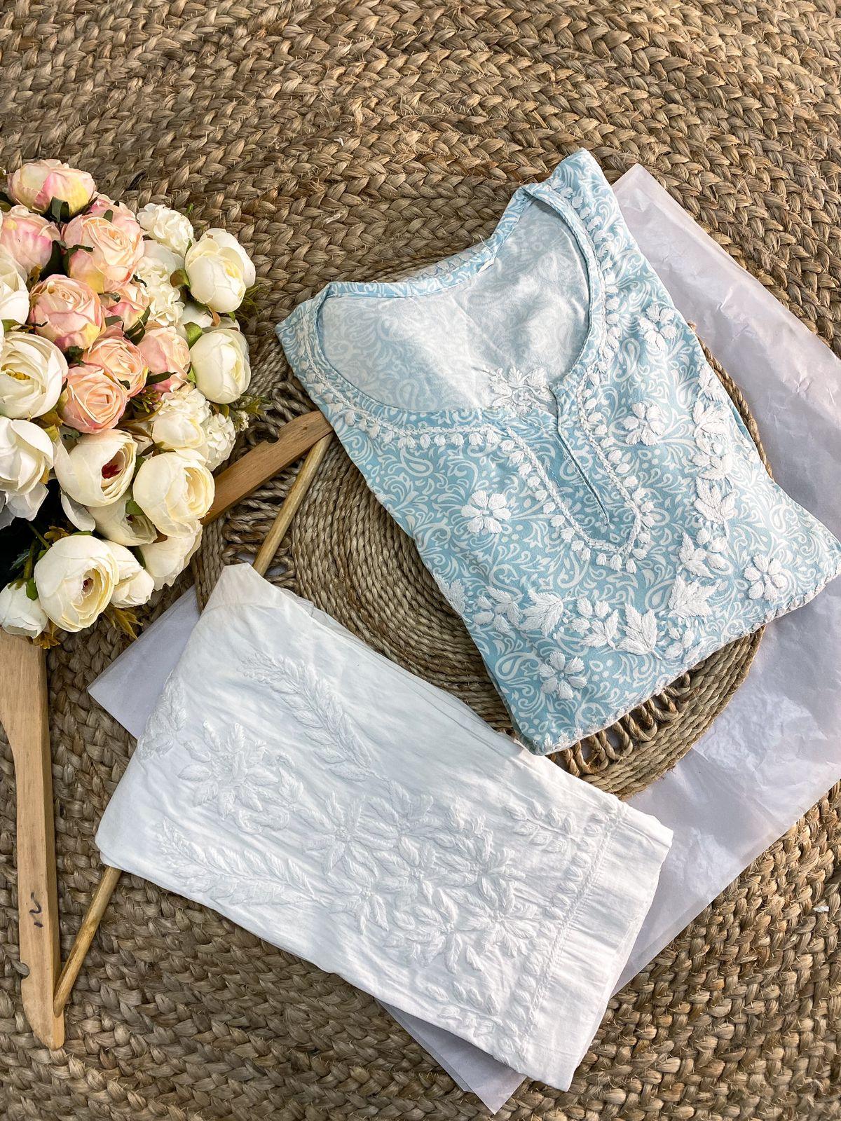 Blue 2-Step Chikankari Gown and Pant Set - Inayakhan Shop