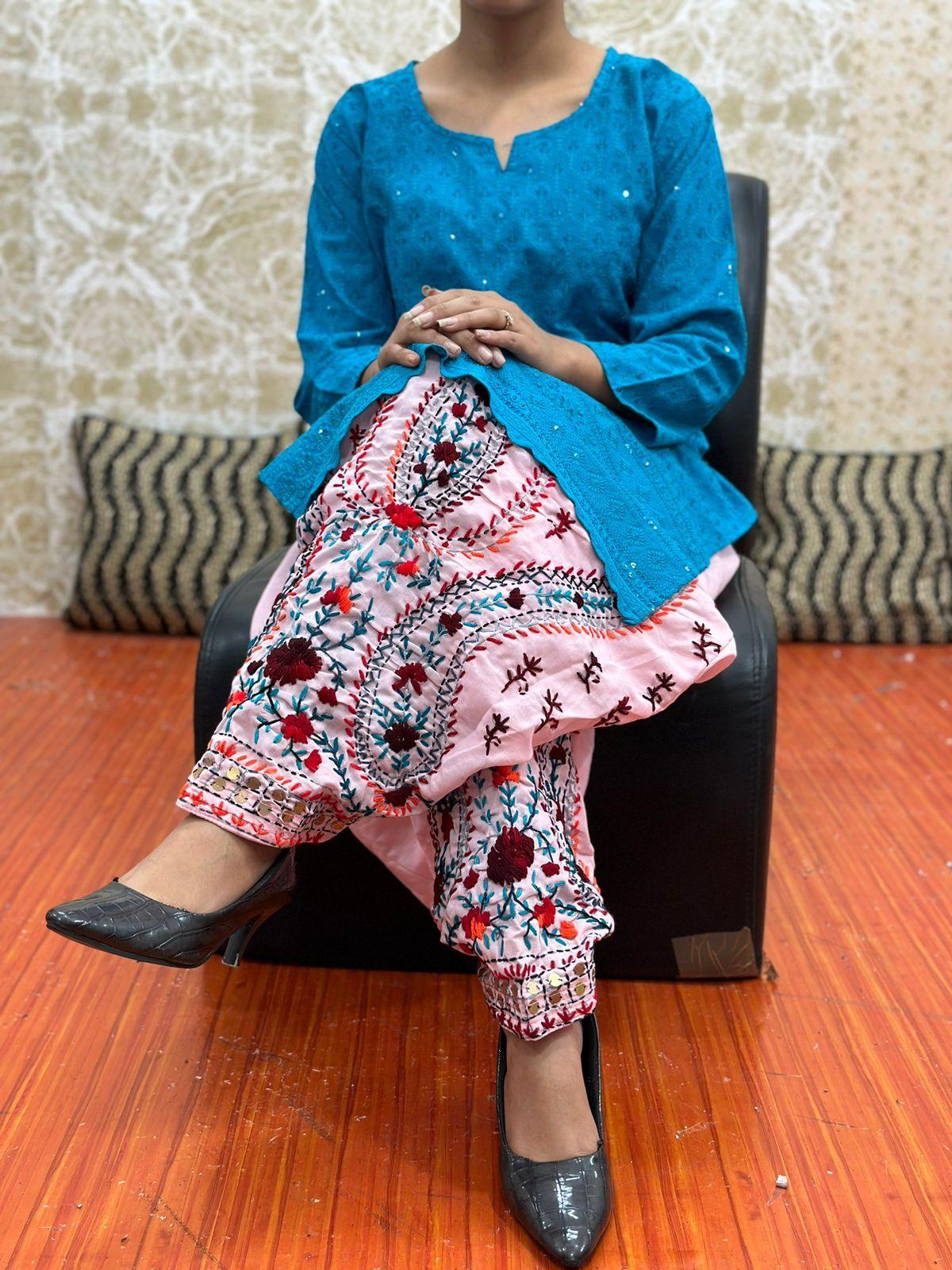 Blue & Pink Elegant Phulkari Patiala Salwar & Chikankari Kameez Set - Inayakhan Shop