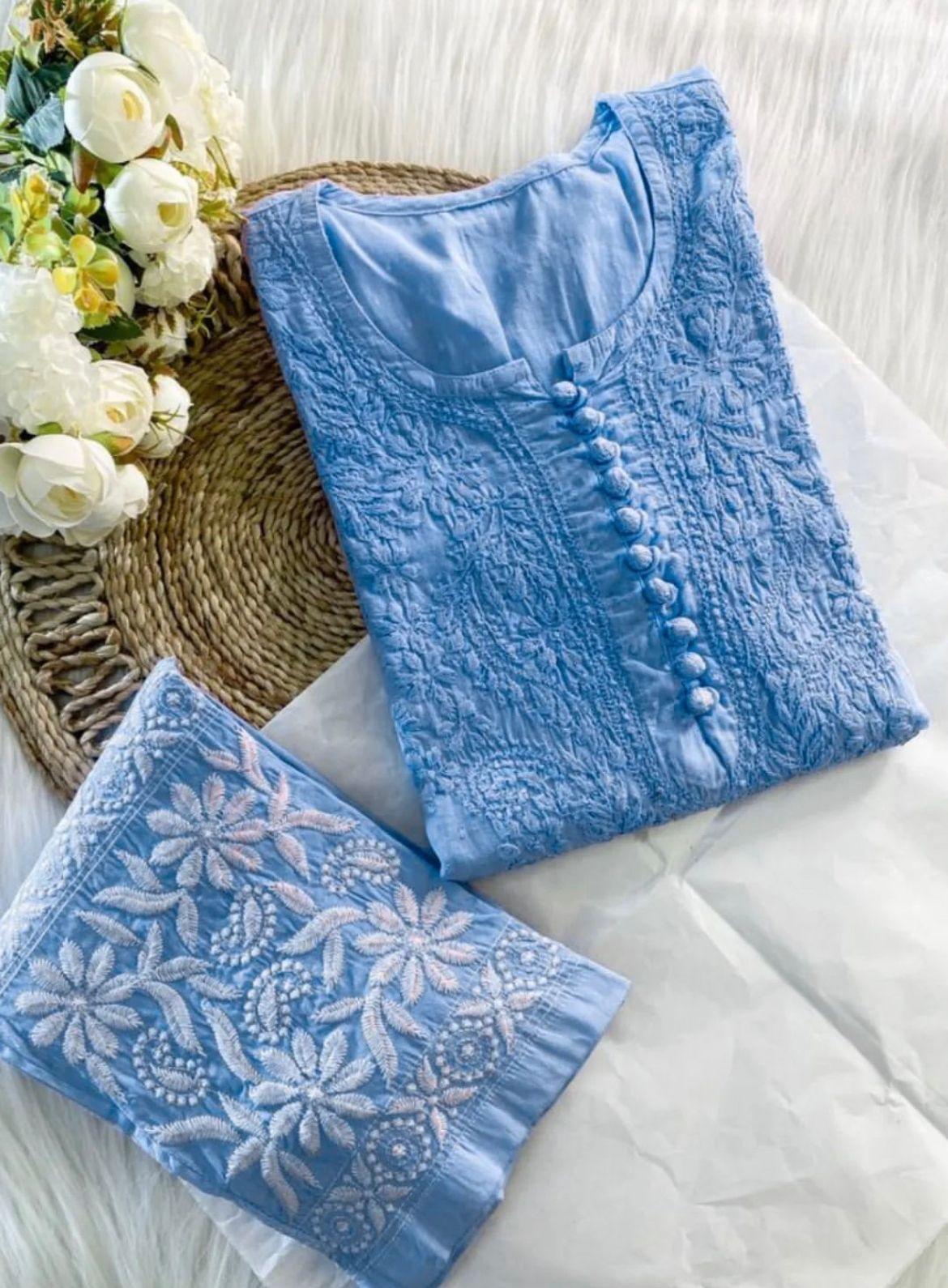 Blue Cotton Chikankari Hand Work Kurti Pant Sets - Inayakhan Shop
