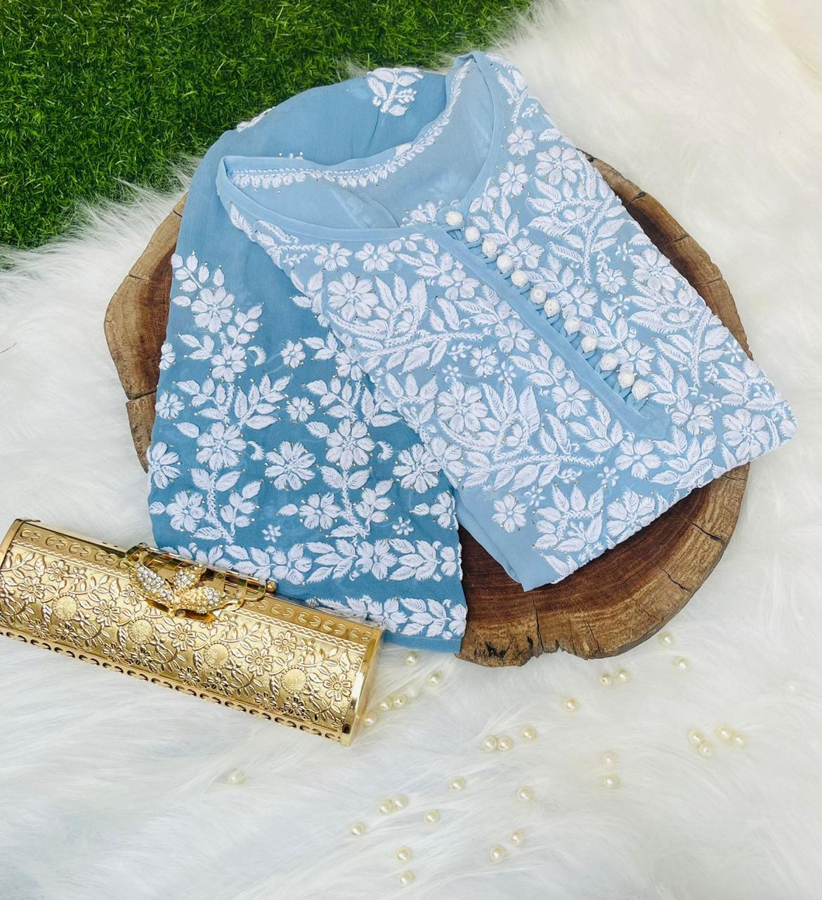 Blue Elegant Viscose Chikankari Work Kurti with 3D Fine Chikankari Handwork - Inayakhan Shop