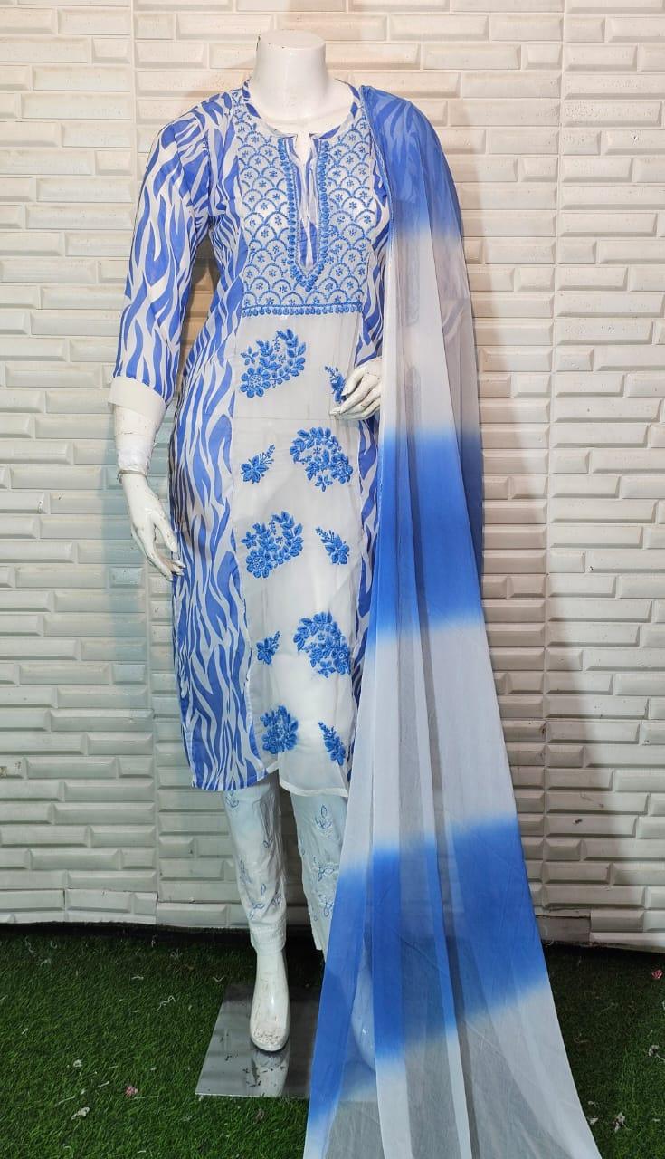 Blue Ethereal Chikankari Georgette Ensemble - Inayakhan Shop