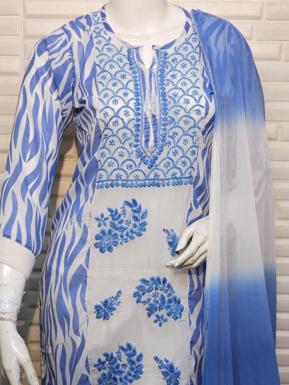 Blue Ethereal Chikankari Georgette Ensemble - Inayakhan Shop