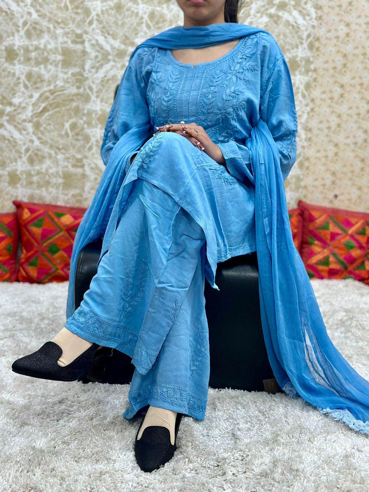 Blue Lucknowi Chikankari Rayon Kurti and Palazzo Set with Chiffon Dupatta - Inayakhan Shop