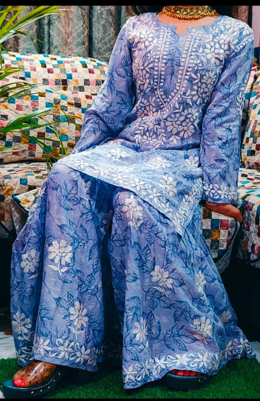 Blue Mulmul Floral Printed Lucknow Chikankari Kurti & Gharara Set - Inayakhan Shop