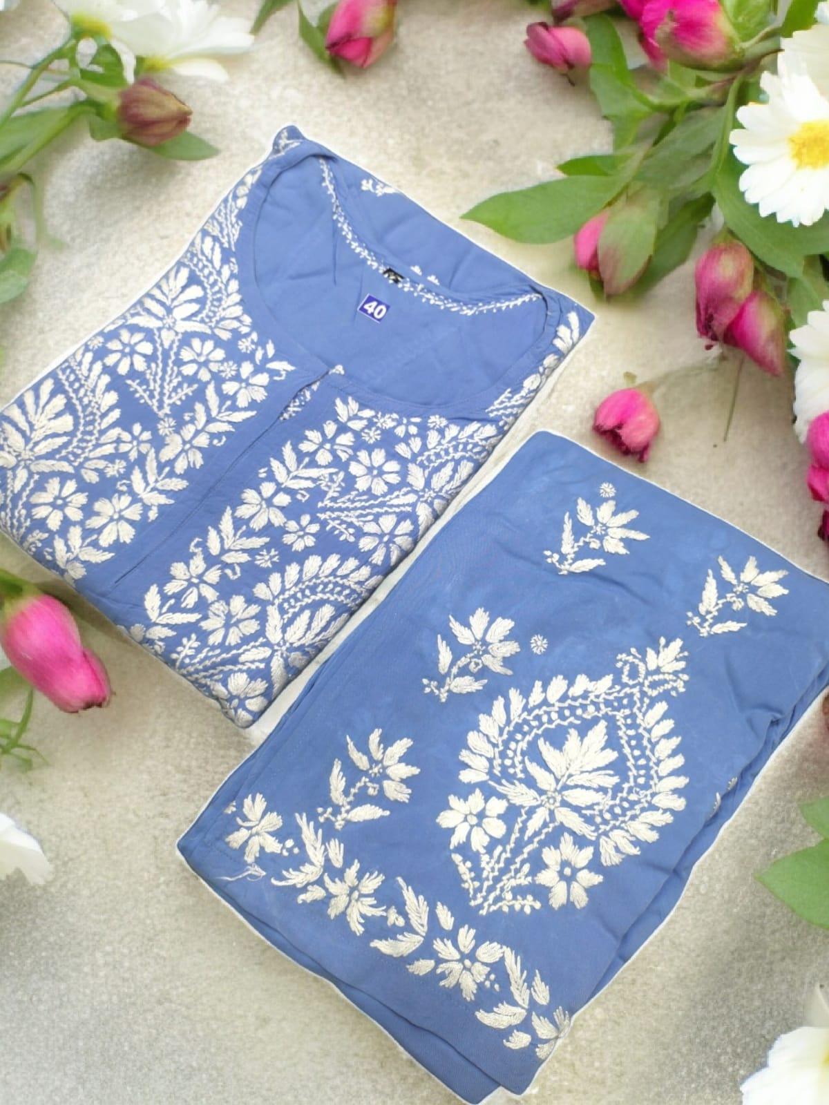 Blue Premium Heavy Work Lucknow Chikankari Modal Kurti Palazzo Set for Summer - Inayakhan Shop