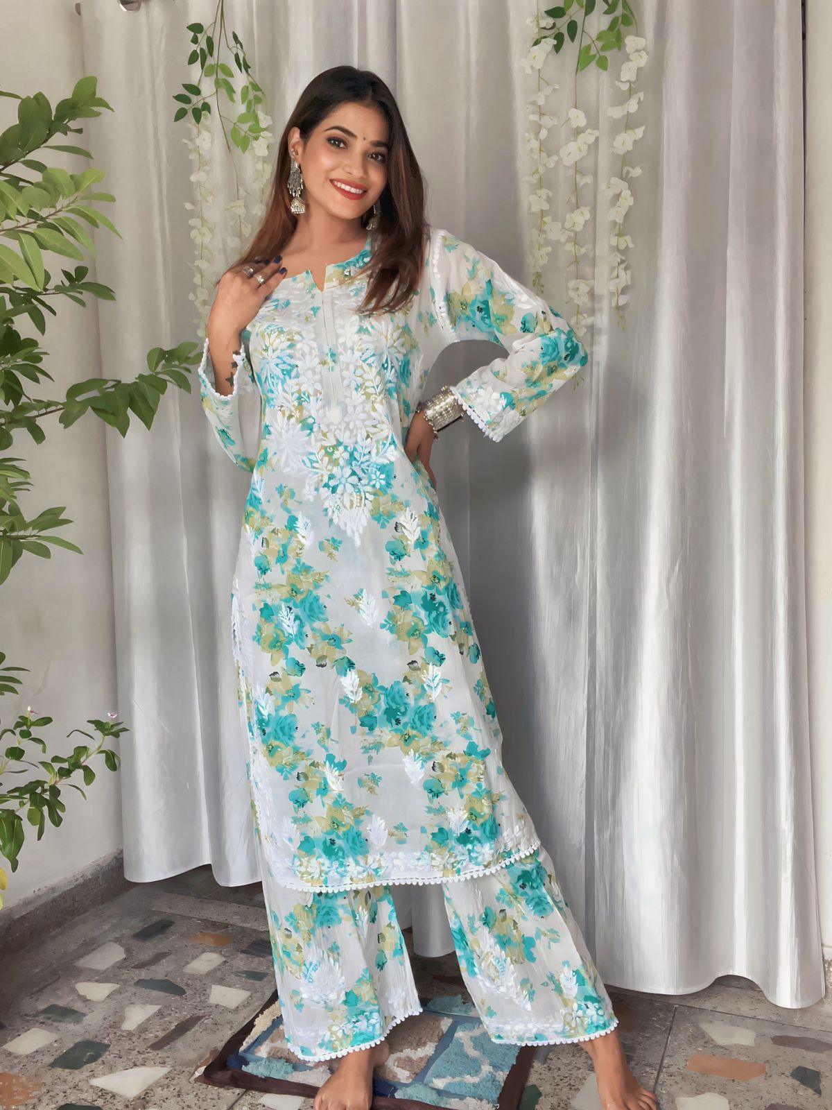 Blue White Lucknowi Chikankari Mul Mul Cotton Kurti and Palazzo Co-ord Set Stitched Ready To Wear-Size 40