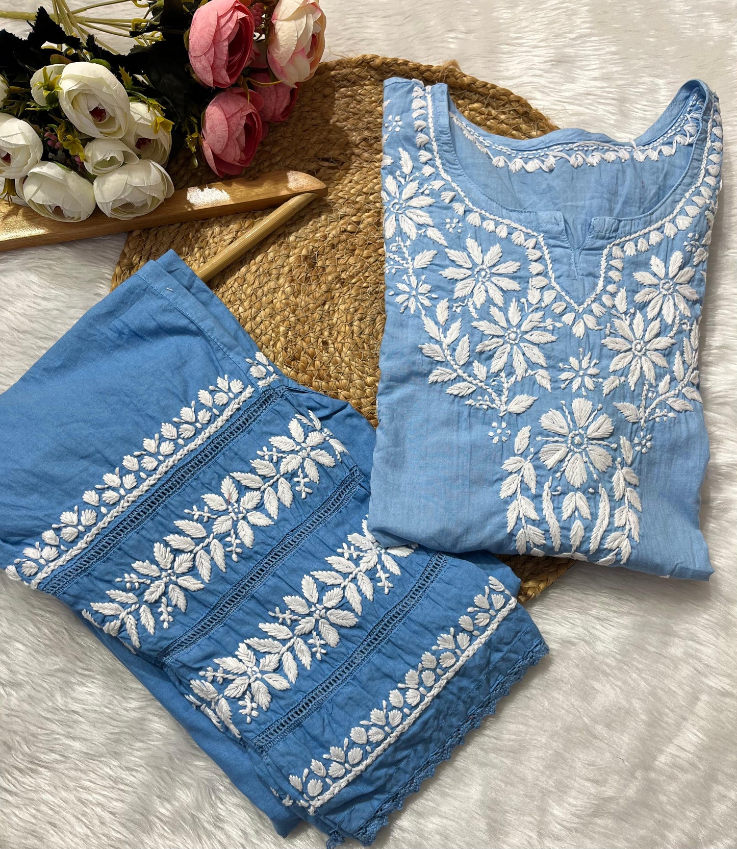 Blue Mul Mul Cotton Chikankari Cord Set – Plus Size up to 56 | Lightweight Luxe Co-Ord Set