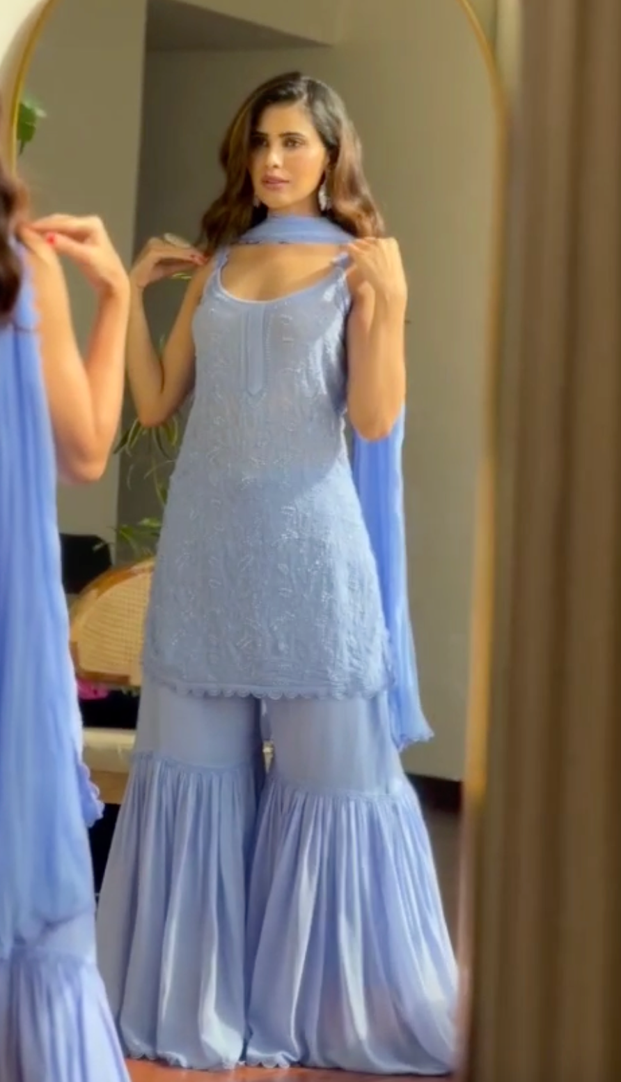 Light Blue Lucknow Chikankari Resham Work Viscose Short Kurti & Gharara Set with Chiffon Dupatta