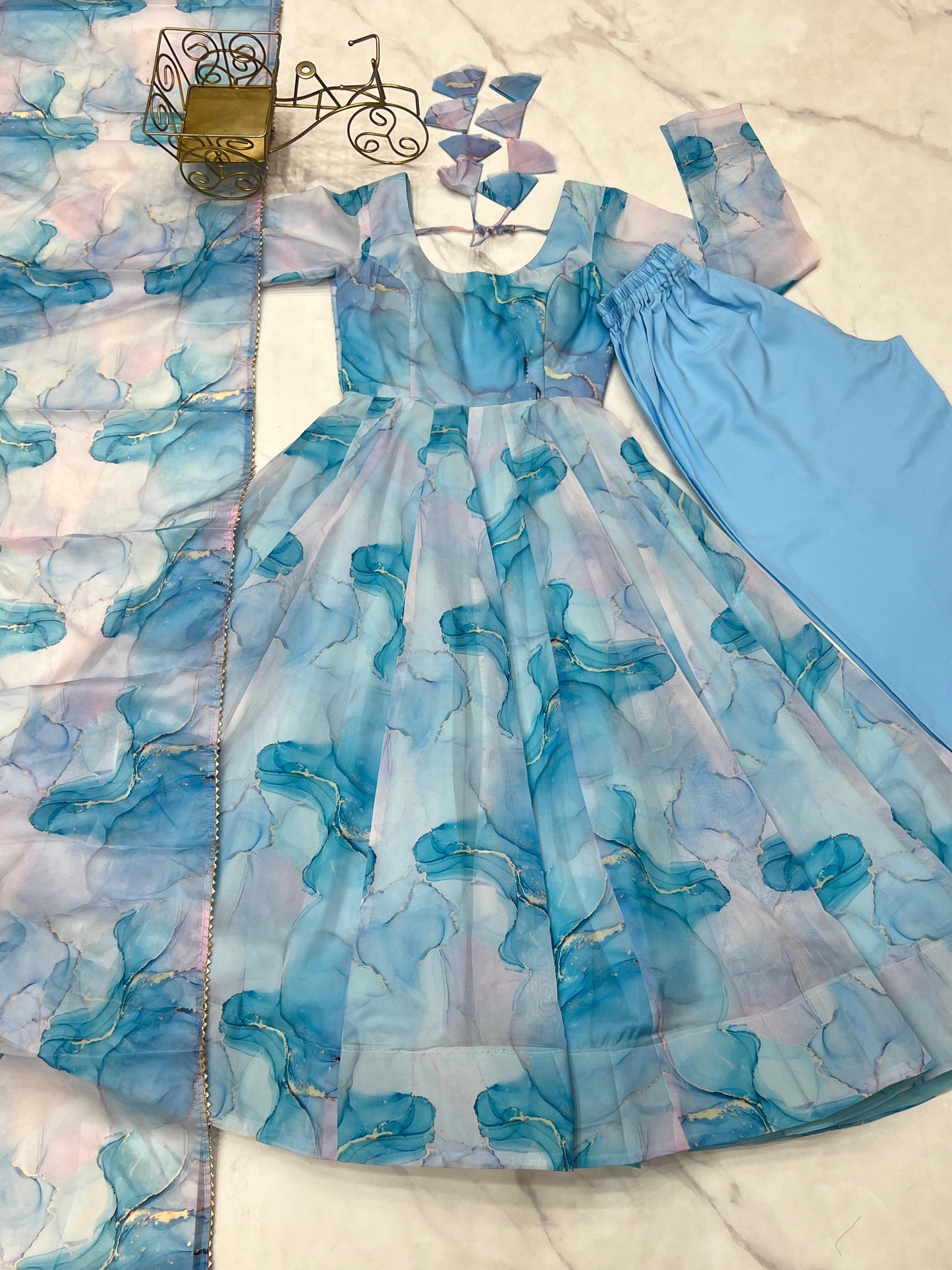 Blue Marble Print Organza Silk Floral Anarkali Suit | Ready to Wear
