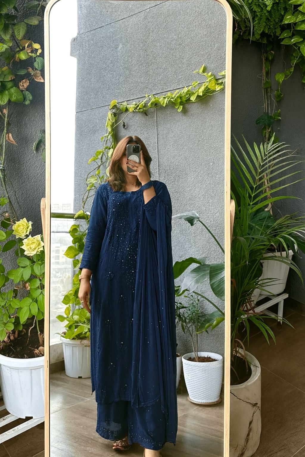 Blue Regal Embroidered Viscose Chikankari Kurta Set with Mukaish Work