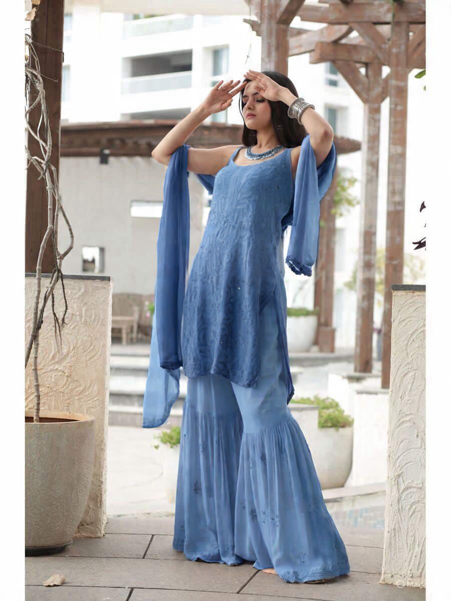 Blue Handcrafted Lucknow Chikankari Strappy Gharara Set (New)