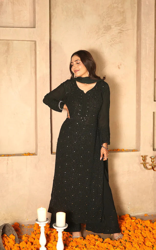 Black Ethereal Chikankari & Mukaish Work Ensemble 40 / Black / Viscose Black Ethereal Chikankari & Mukaish Work Ensemble 40 / Black / Viscose