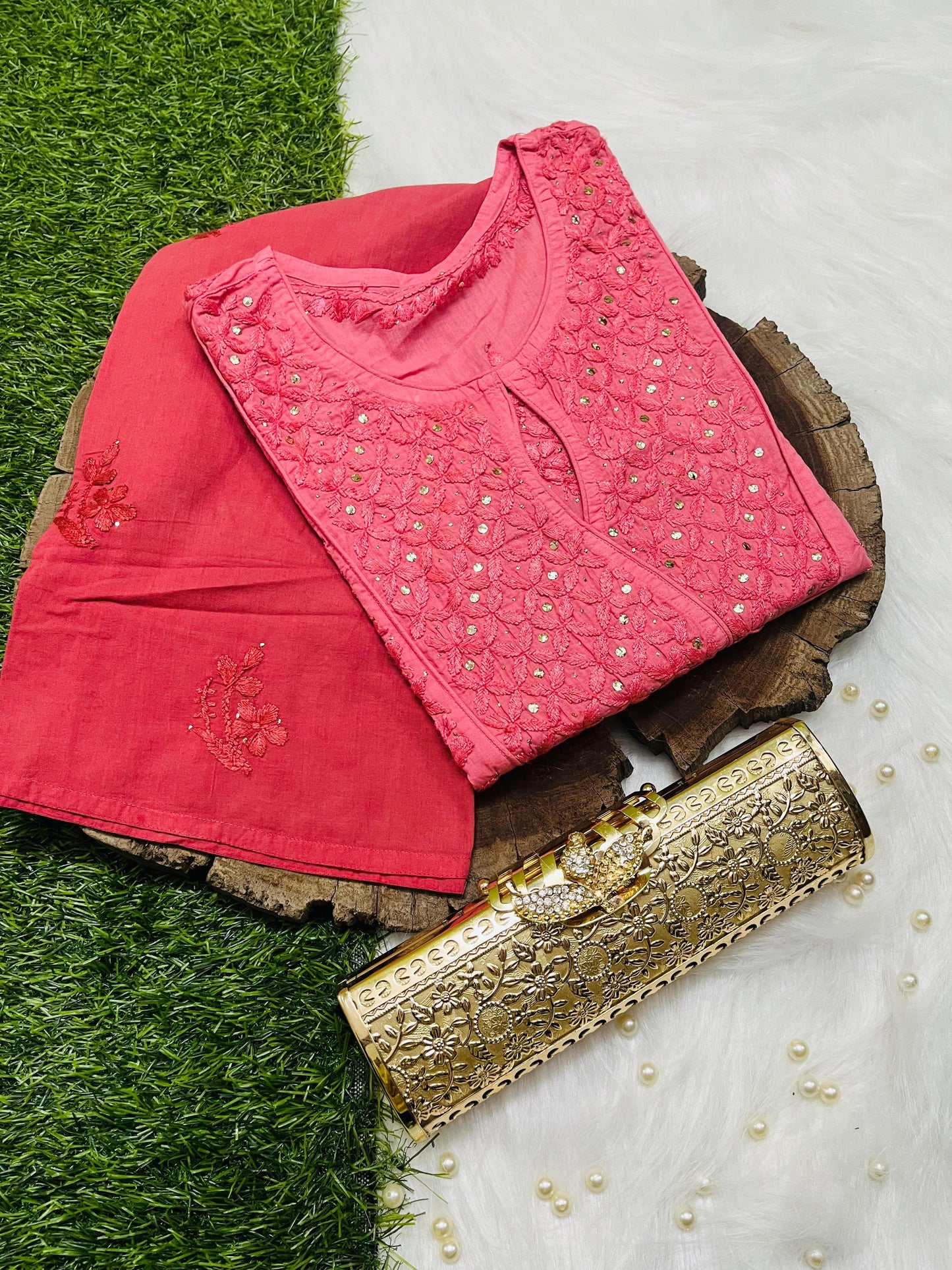Brick Red Chikankari Kurtis with Mukesh Work - Inayakhan Shop