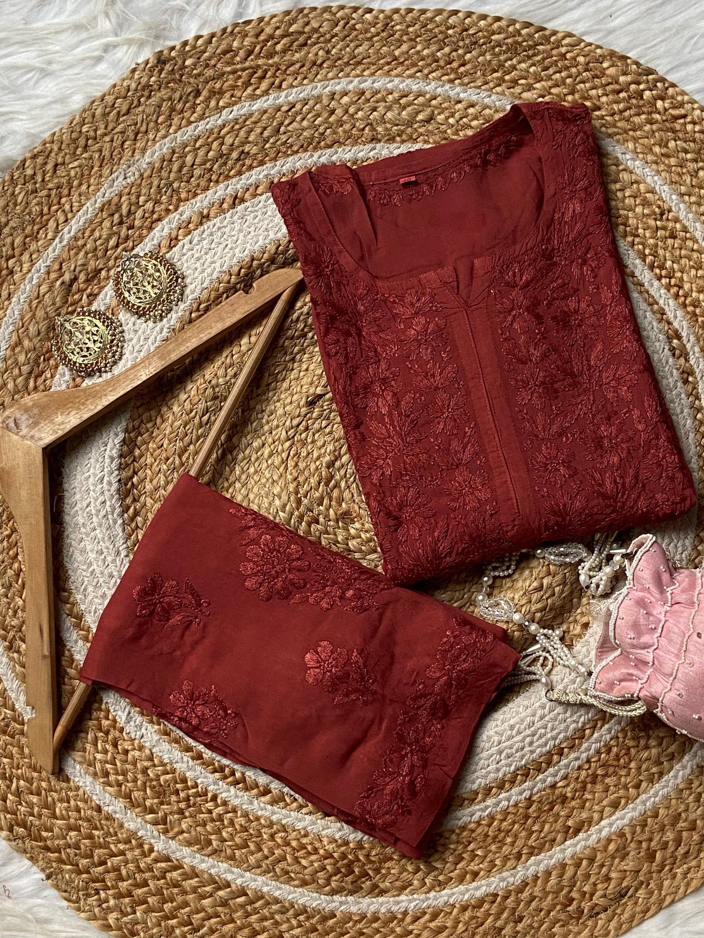 Brick Red Premium Lucknow Chikankari handwork Modal Palazzo Set - Inayakhan Shop