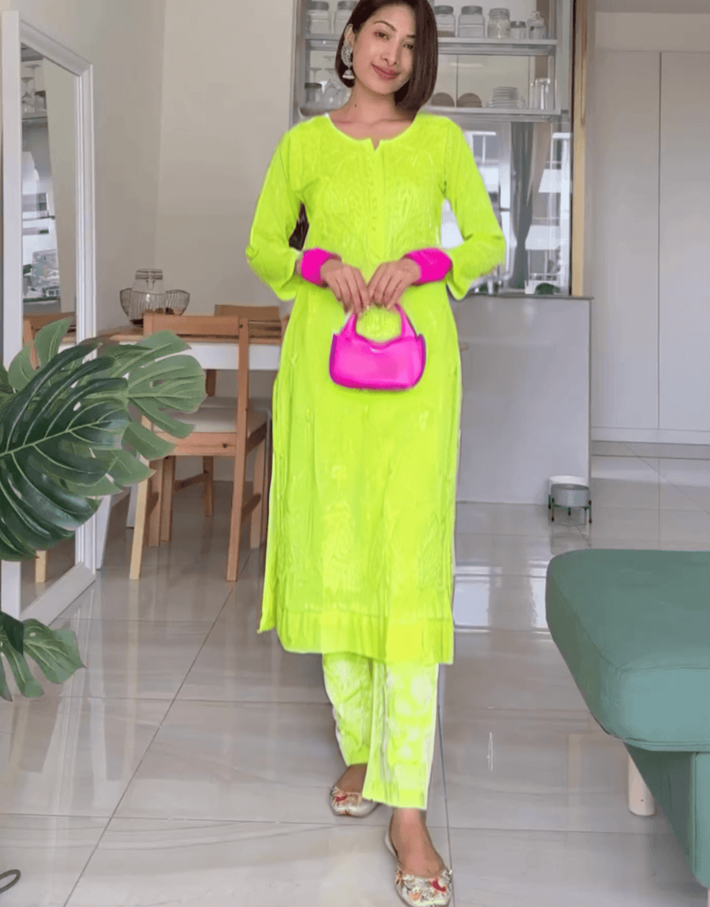 Bright Green Cotton Chikankari Hand Work Kurti Pant Sets - Inayakhan Shop