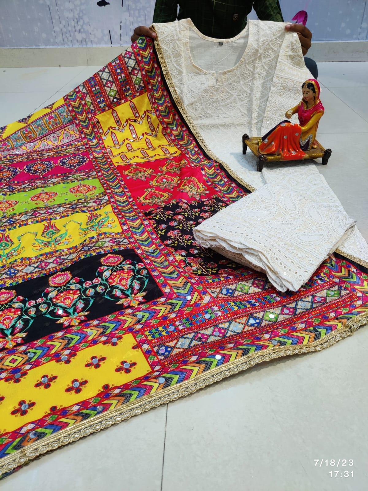 Bright Yellow Multicolor Style Chikankari Elegance - Pakistani Dupatta & Kurti Palazzo Set - Inayakhan Shop