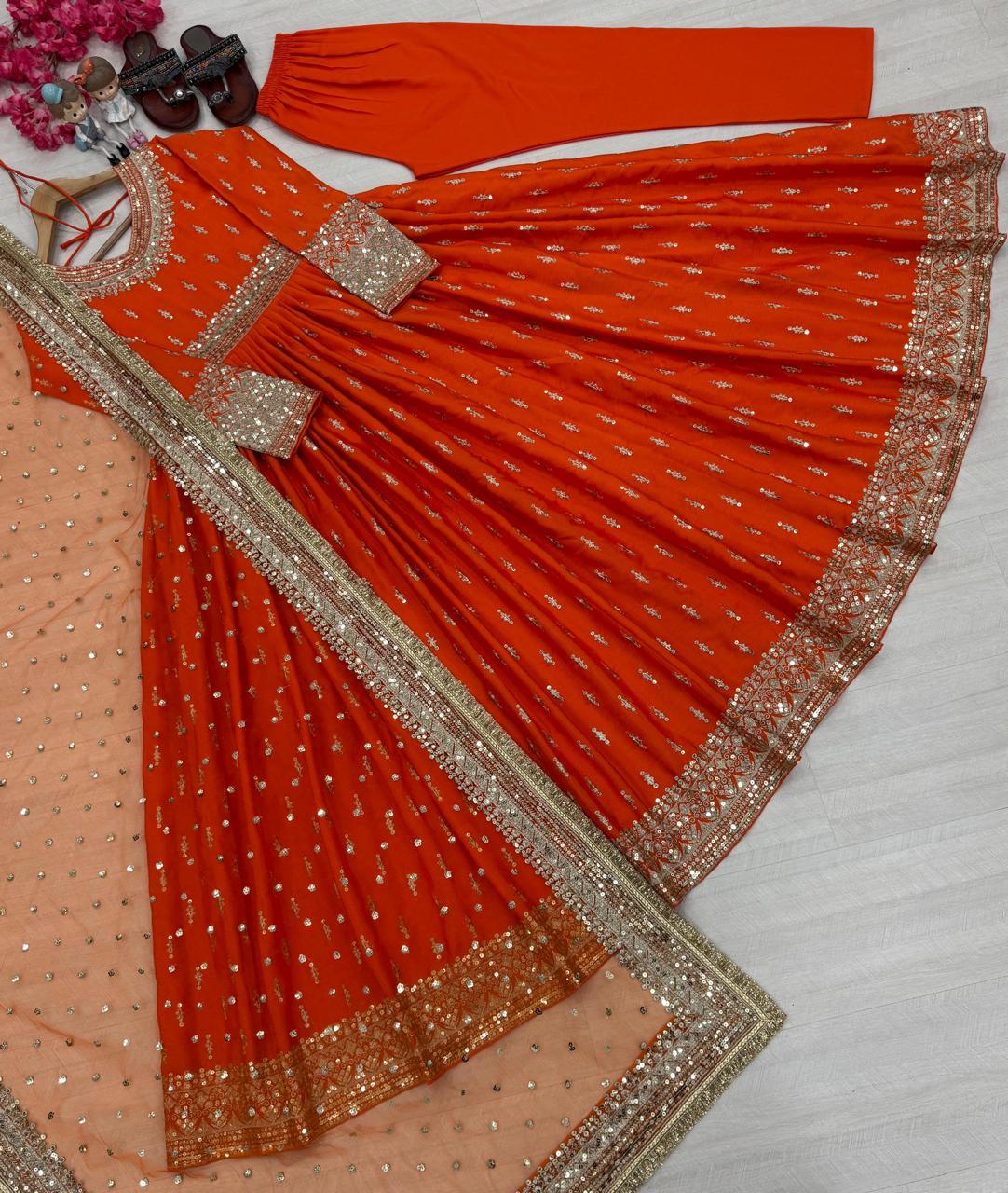 Orange Designer Chinon Silk Sequin Work Anarkali Suit