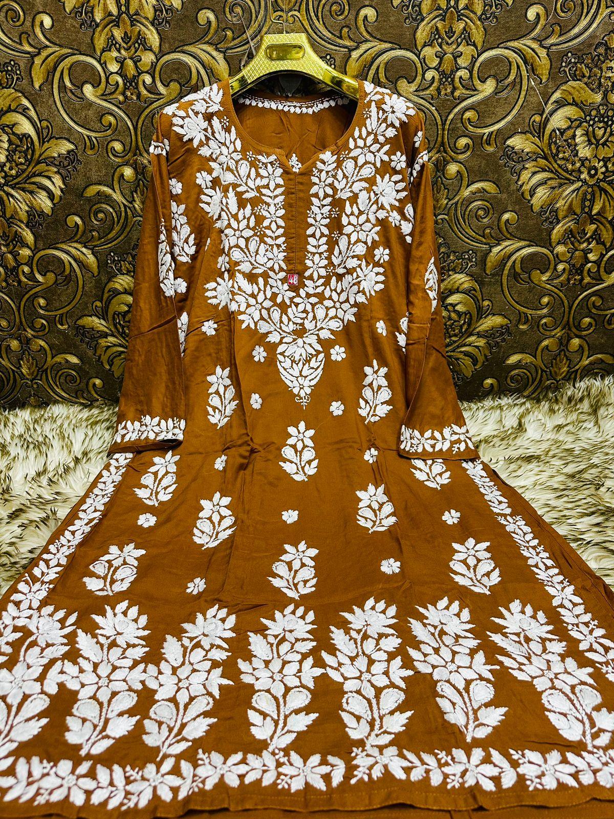 Brown Ethereal Elegance: Lucknow Chikankari Heavy Modal Big Size Kurti - Inayakhan Shop
