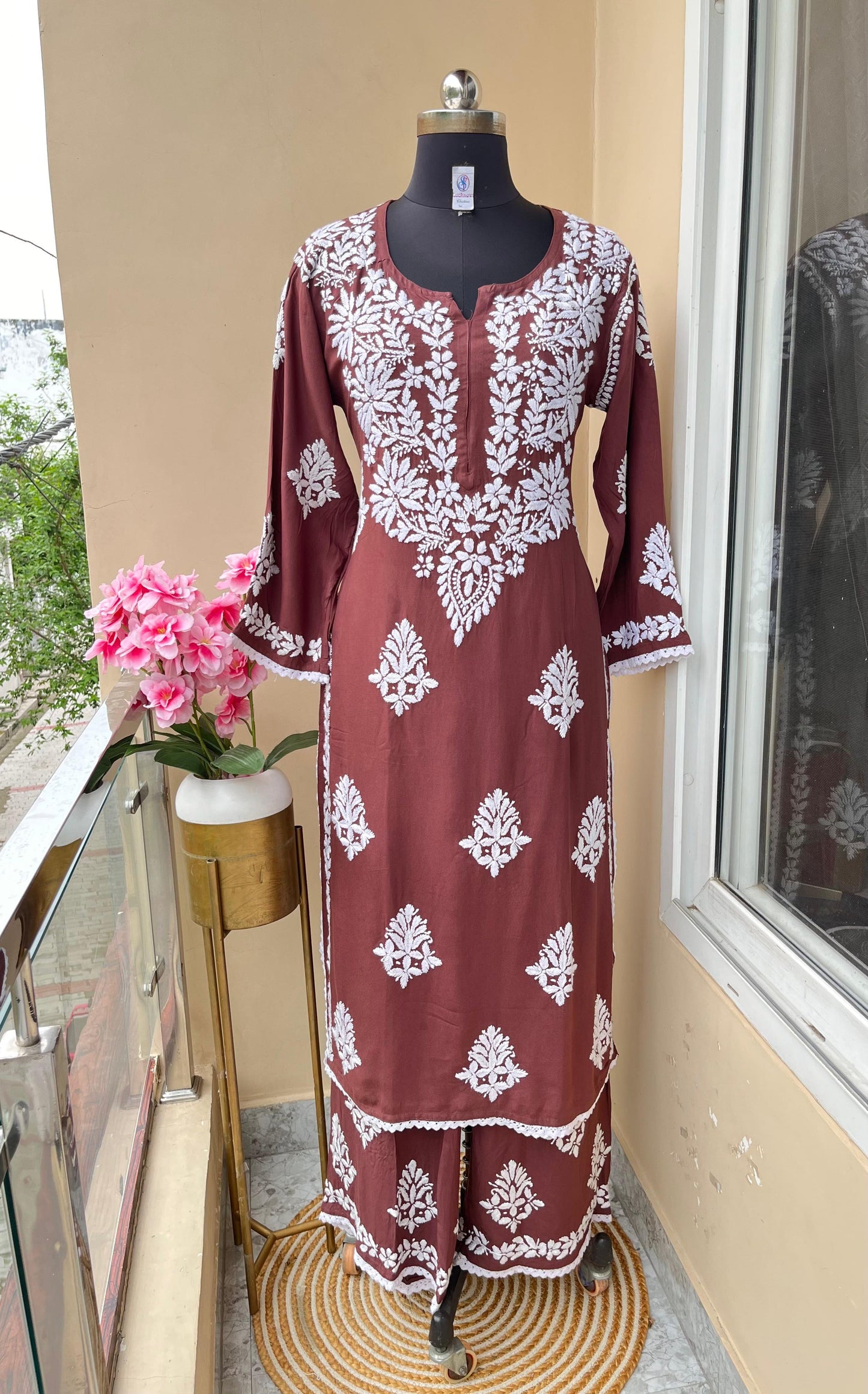 Brown Premium Rayon Lucknow Chikankari Kurti and Pallazo Set - Inayakhan Shop
