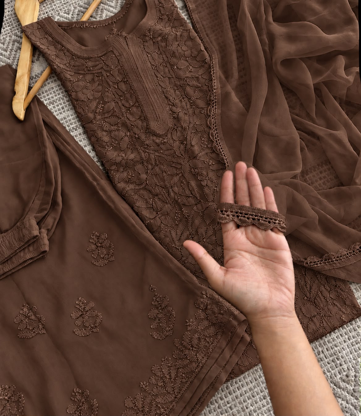 Premium Chocolate Brown Resham Viscose Jaal Kurti, Palazzo & Dupatta Set (New)