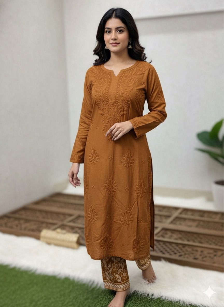 Brown Lucknow Chikankari Handcrafted Muslin Kurti with Cutwork Embroidery Pant Set