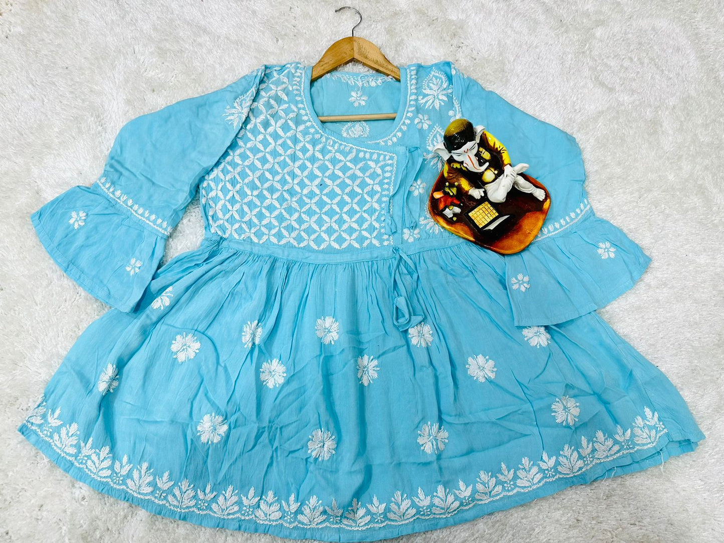 Blue Short Chikankari Kurti Lucknowi Hand embroidered Angrakha Frock with Bell Sleeves Embroidered on front and back