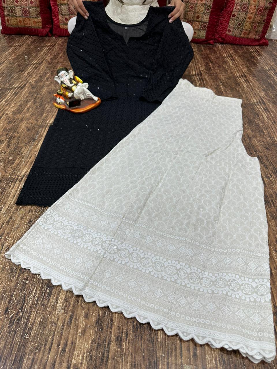 Charmingly Chic: Black Cotton Chikan Kurti with Kalidar Sharara Set - Inayakhan Shop