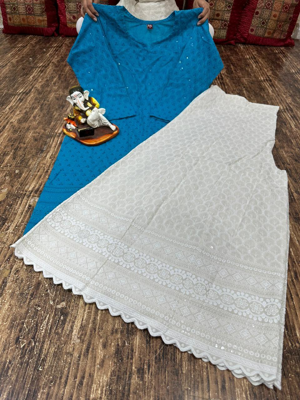 Charmingly Chic: Blue Cotton Chikan Kurti with Kalidar Sharara Set - Inayakhan Shop