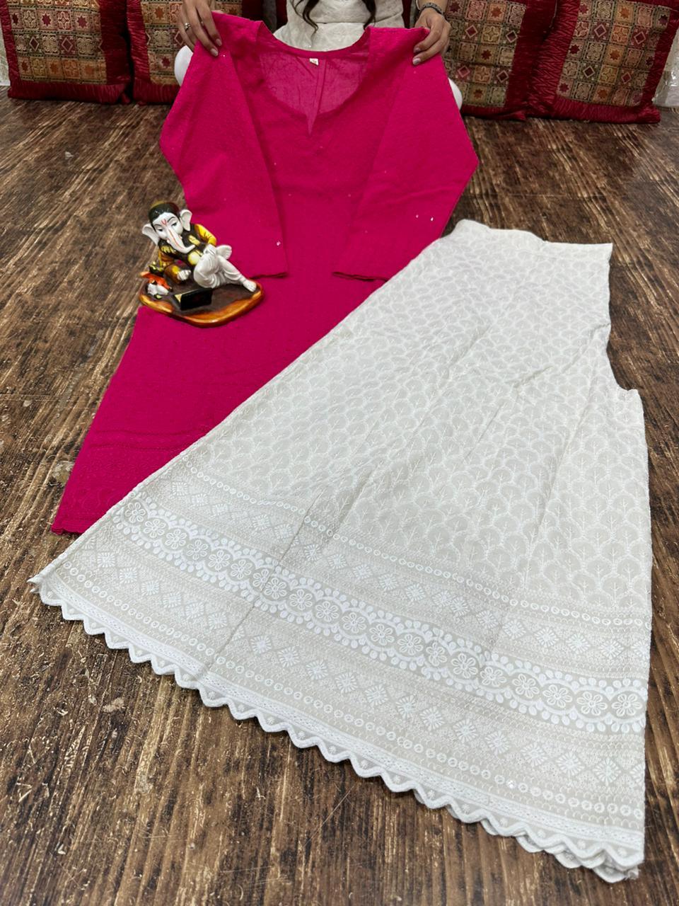 Charmingly Chic:Dark Pink Cotton Chikan Kurti with Kalidar Sharara Set - Inayakhan Shop