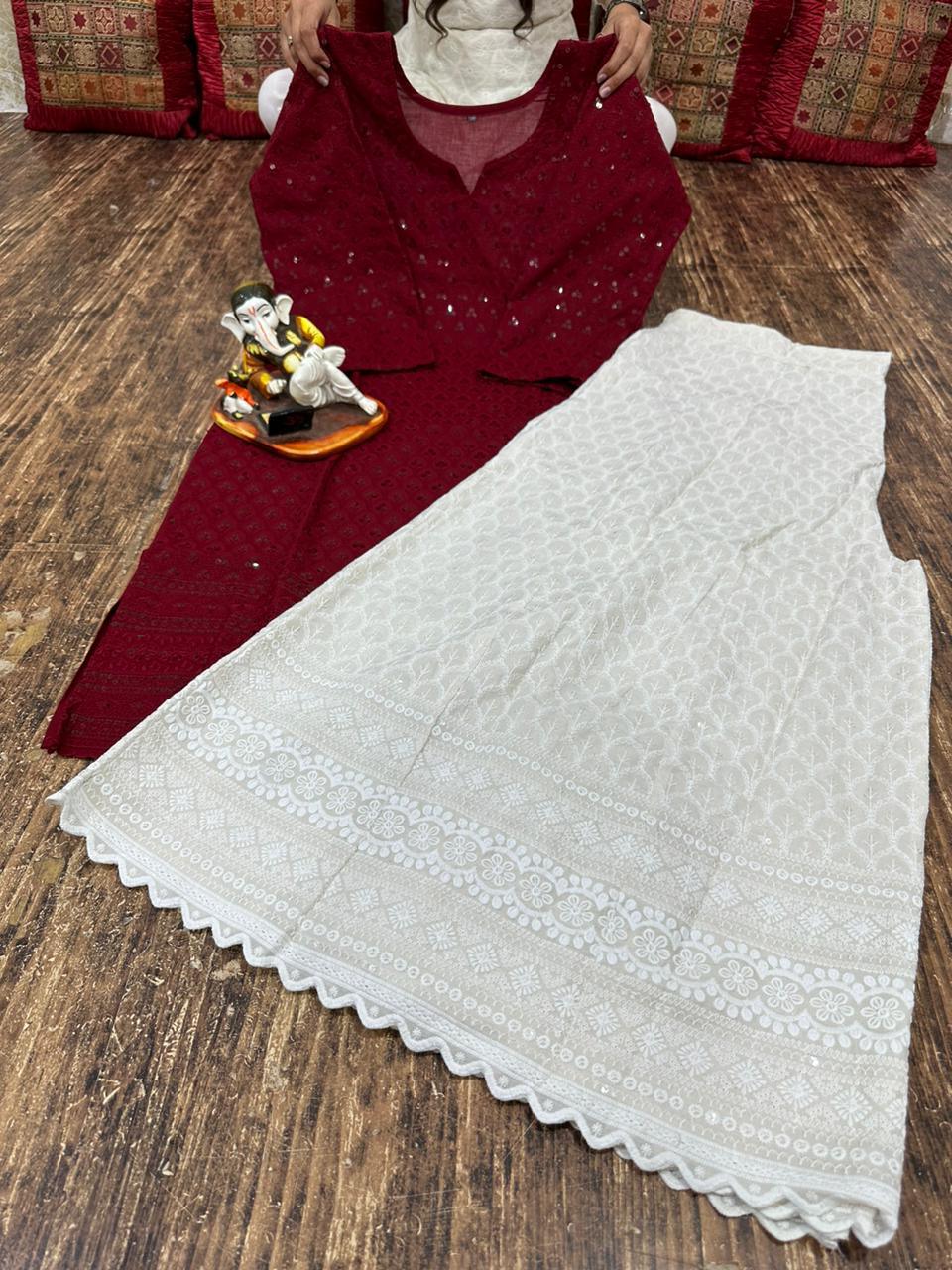 Charmingly Chic: Maroon Cotton Chikan Kurti with Kalidar Sharara Set - Inayakhan Shop