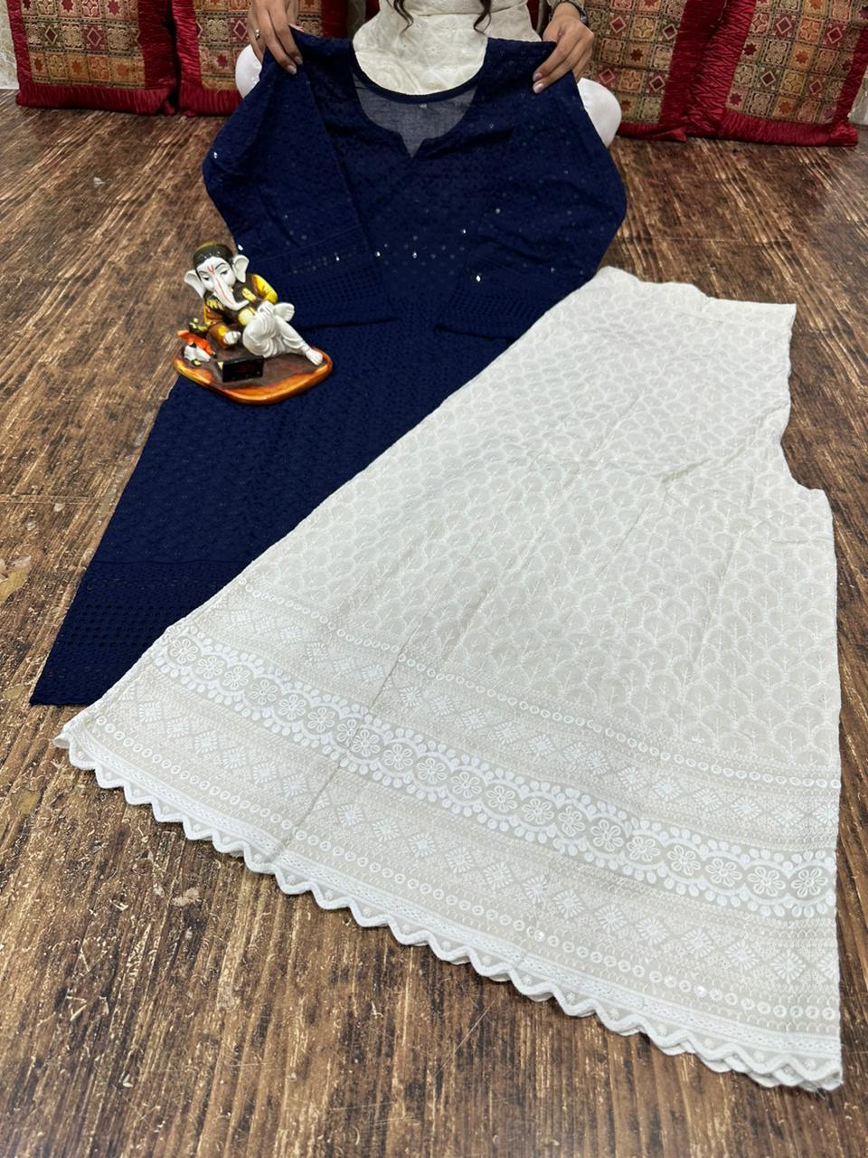 Charmingly Chic: Navy Blue Cotton Chikan Kurti with Kalidar Sharara Set - Inayakhan Shop