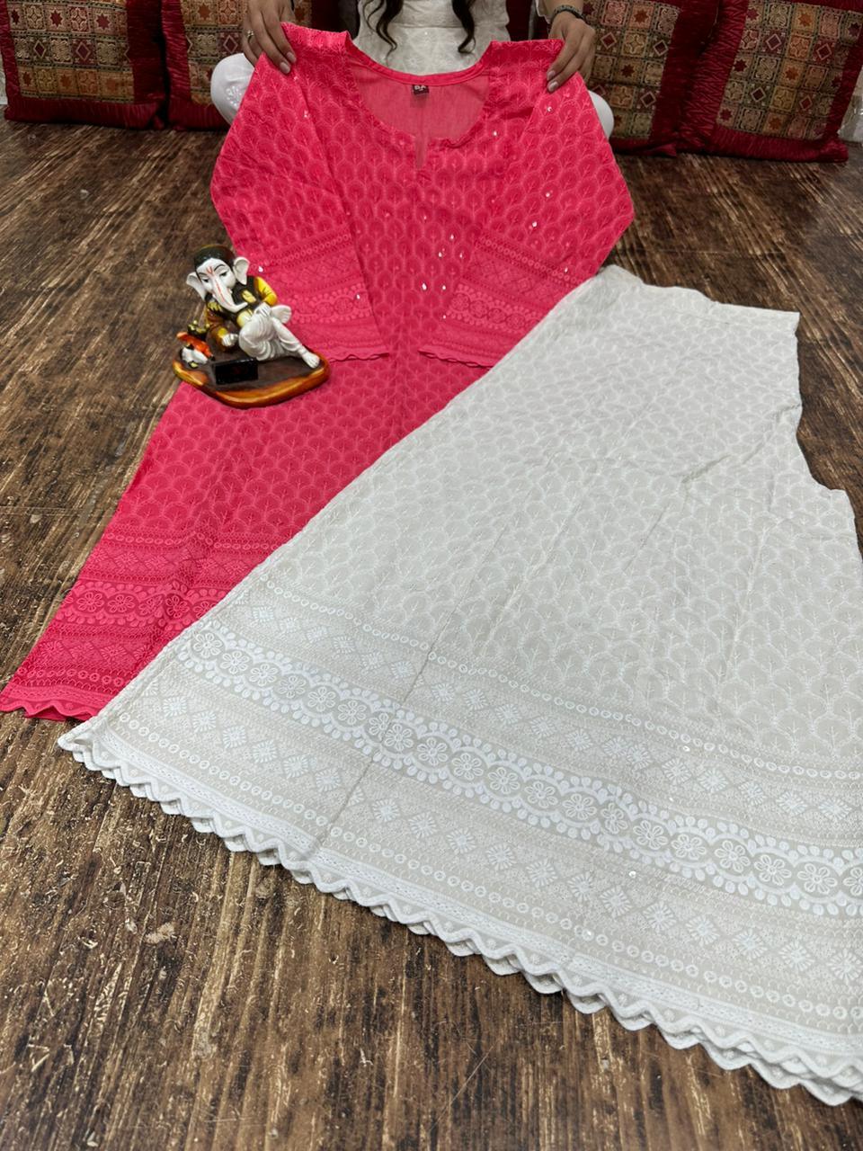 Charmingly Chic:Pink Cotton Chikan Kurti with Kalidar Sharara Set - Inayakhan Shop