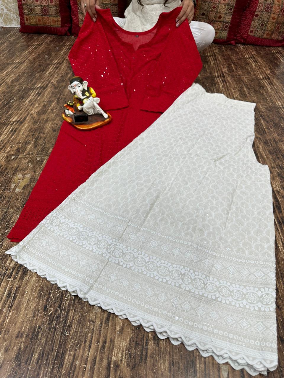 Charmingly Chic:Red Cotton Chikan Kurti with Kalidar Sharara Set - Inayakhan Shop