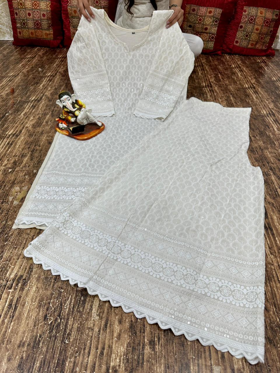 Charmingly Chic:White Cotton Chikan Kurti with Kalidar Sharara Set - Inayakhan Shop