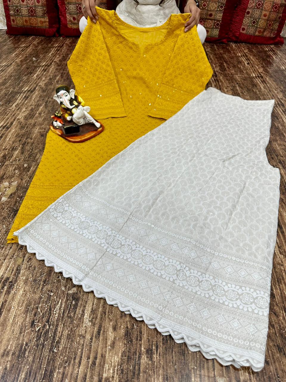 Charmingly Chic: Yellow Cotton Chikan Kurti with Kalidar Sharara Set - Inayakhan Shop