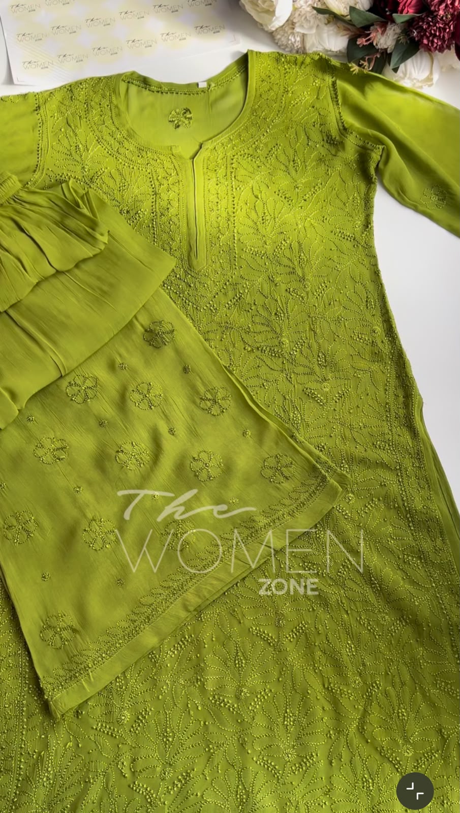 Premium chartreuse green Resham Viscose Jaal Kurti, Palazzo & Dupatta Set (New)