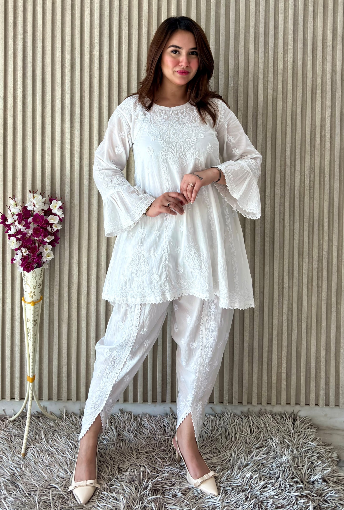 Classic White Handcrafted White Chikankari Kurta with Dhoti Pants Set