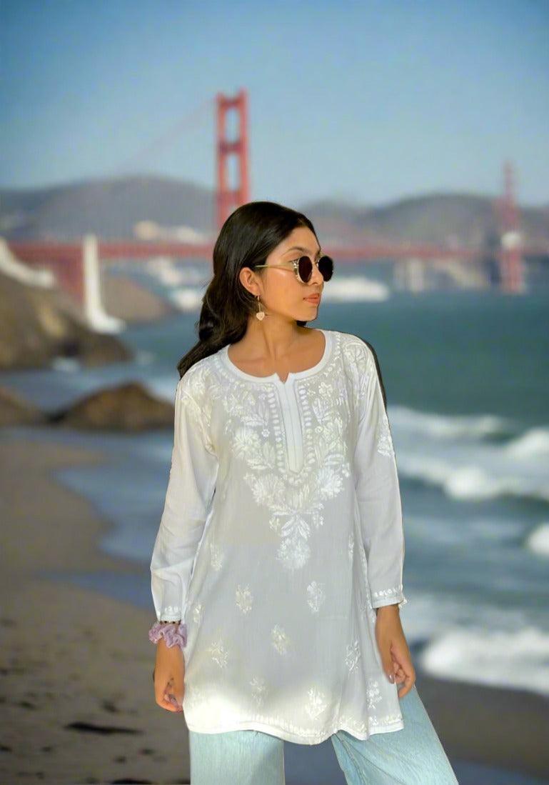 Chikankari Fancy Dyeable White Rayon Short Kurti