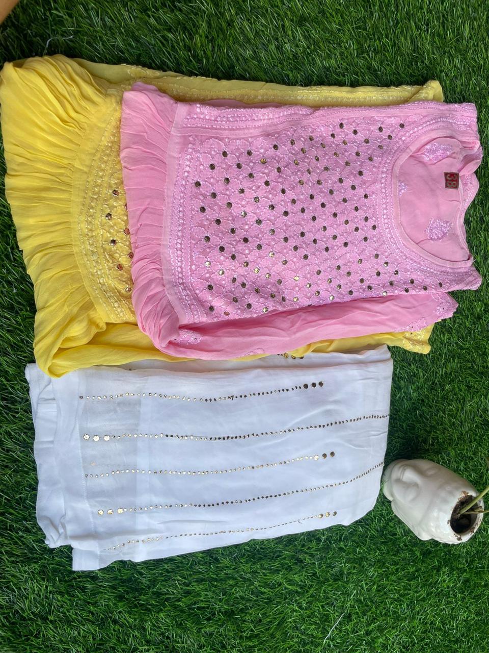 Chikankari Viscose Georgette Short Top and Flair Palazzo Set with Mukesh Work in 3 Colors - Inayakhan Shop