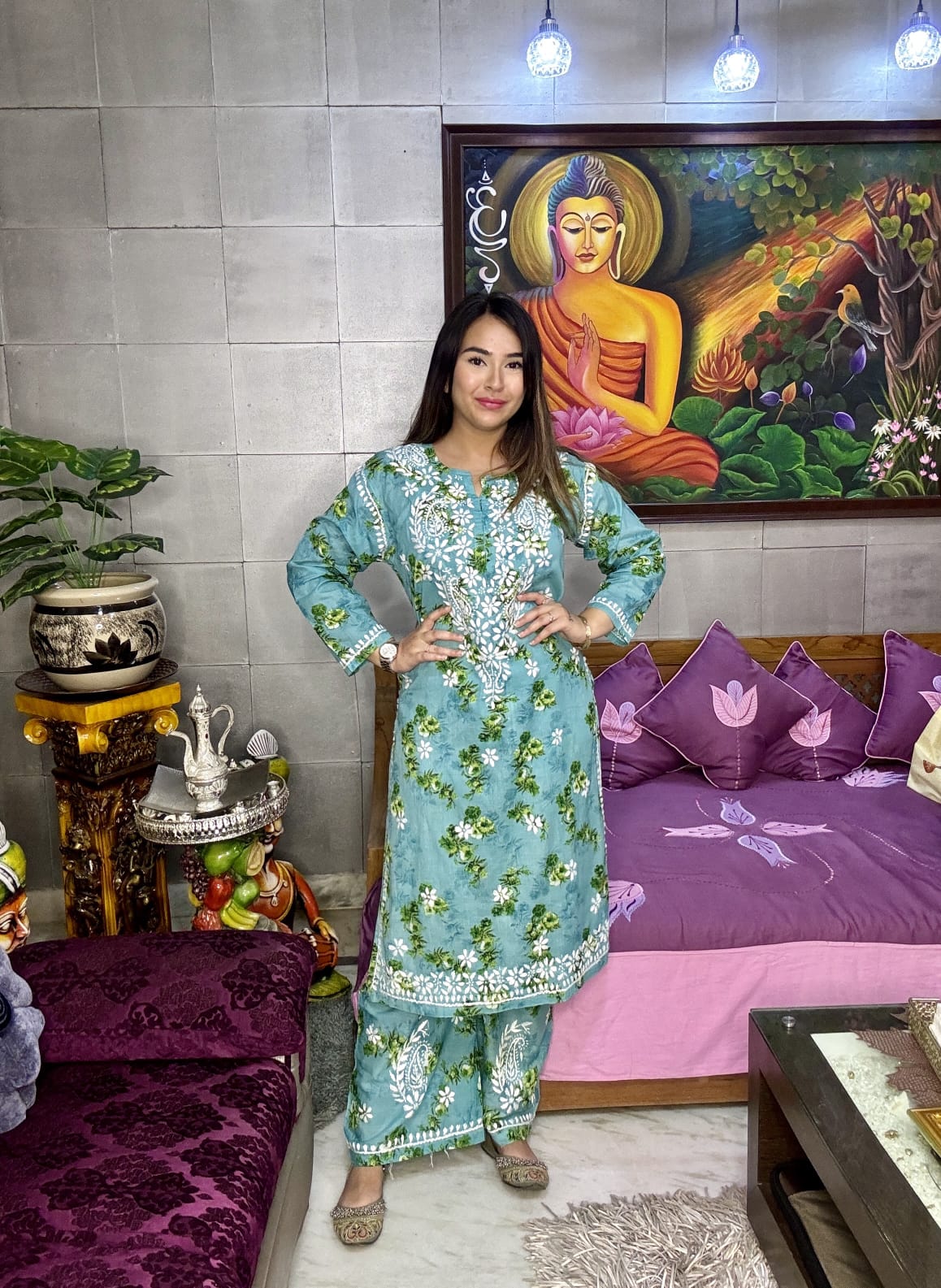 Green Mul Mul Floral Lucknow Chikankari Kurti Palazzo Set for Summers