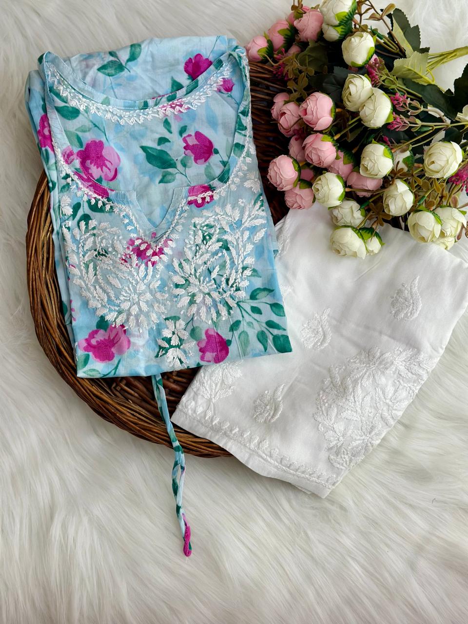 Blue Lucknow Chikankari Mul Mul Kaftan & Pallazo Set with Ghas Patti Work