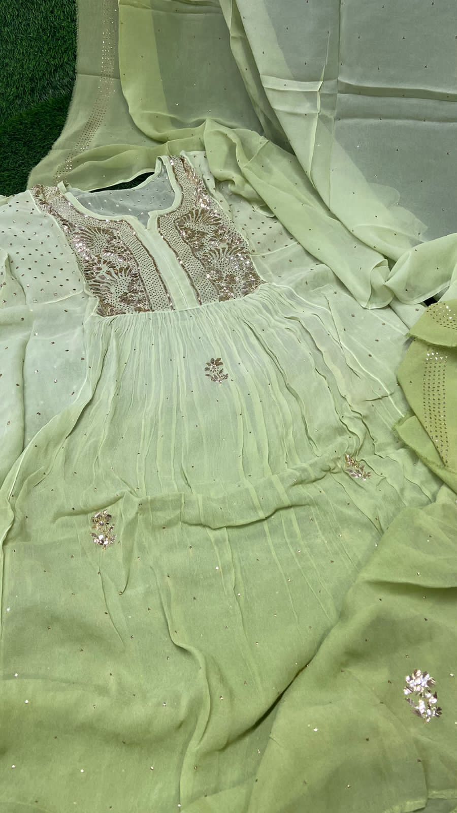 Pista Green Premium Party Wear Lucknow Chikankari Kurta Set with Teeki Fardi & Mukesh Work