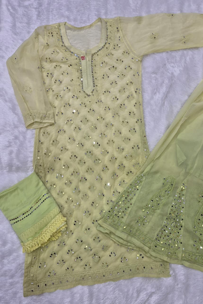 Olive Green Ombré Georgette Lucknow Chikankari Mirror Sharara Set
