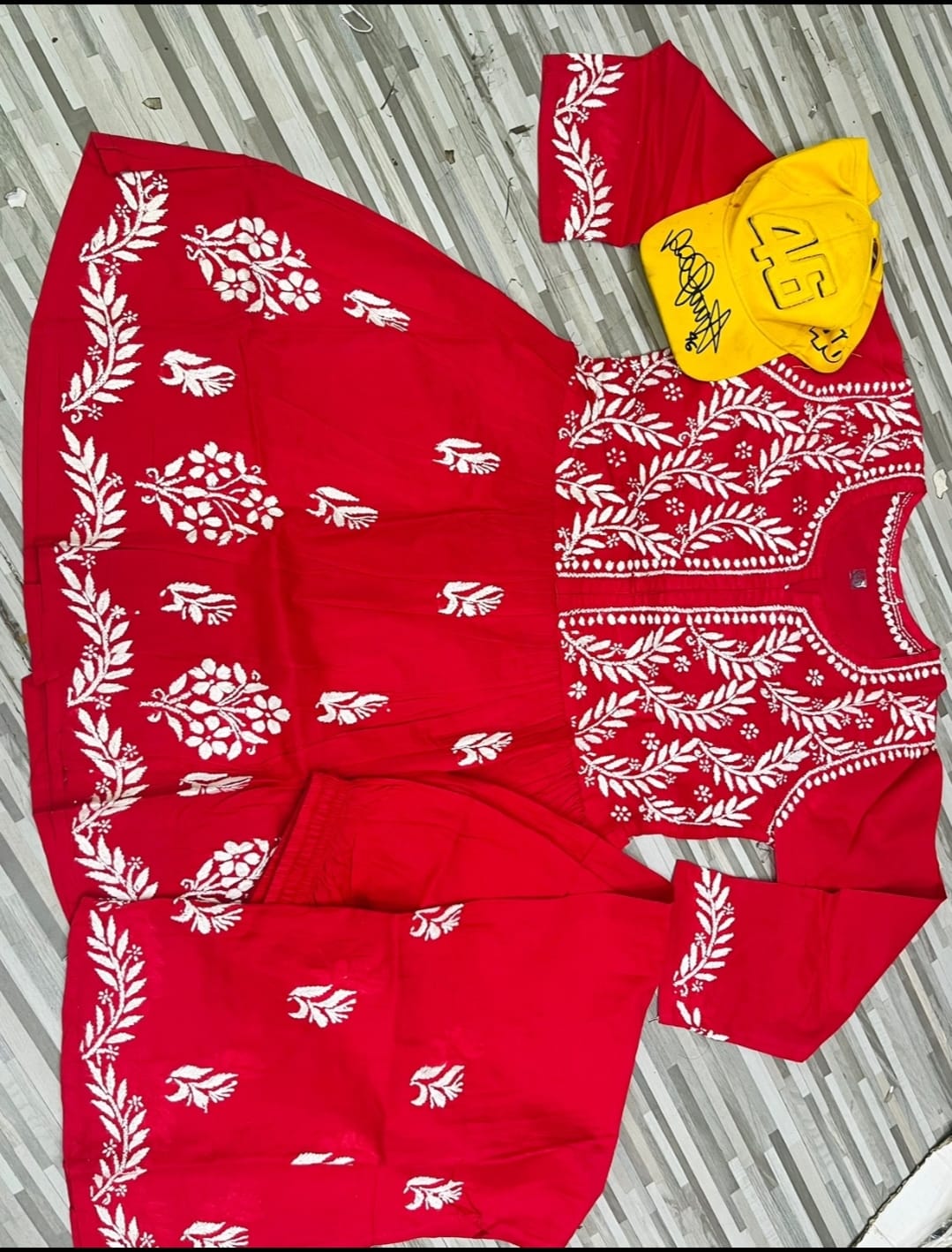 Red Chikankari Cotton Short Kurti Palazzo Set