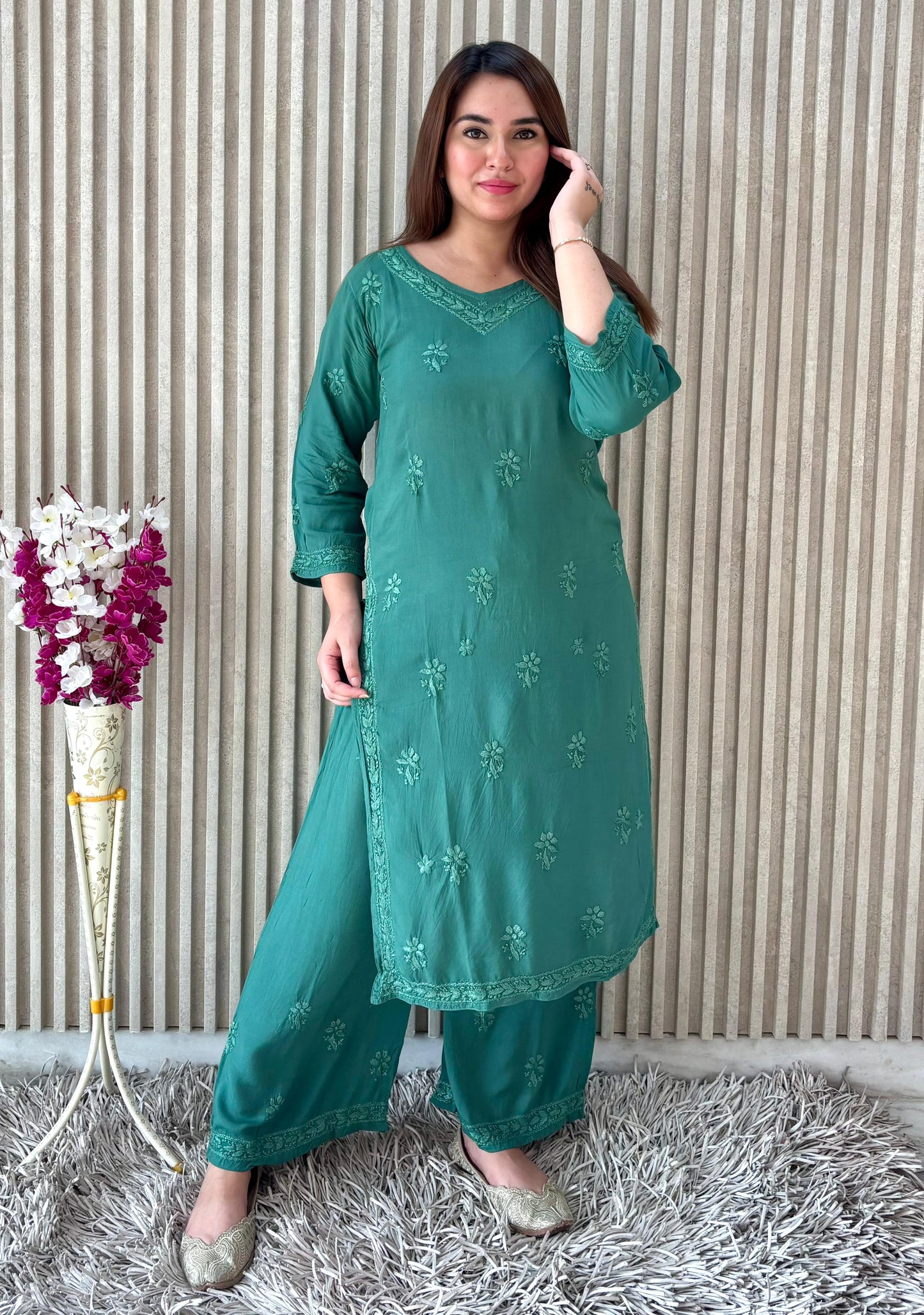 Green Modal Cotton Lucknow Chikankari Kurti with Palazzo Set