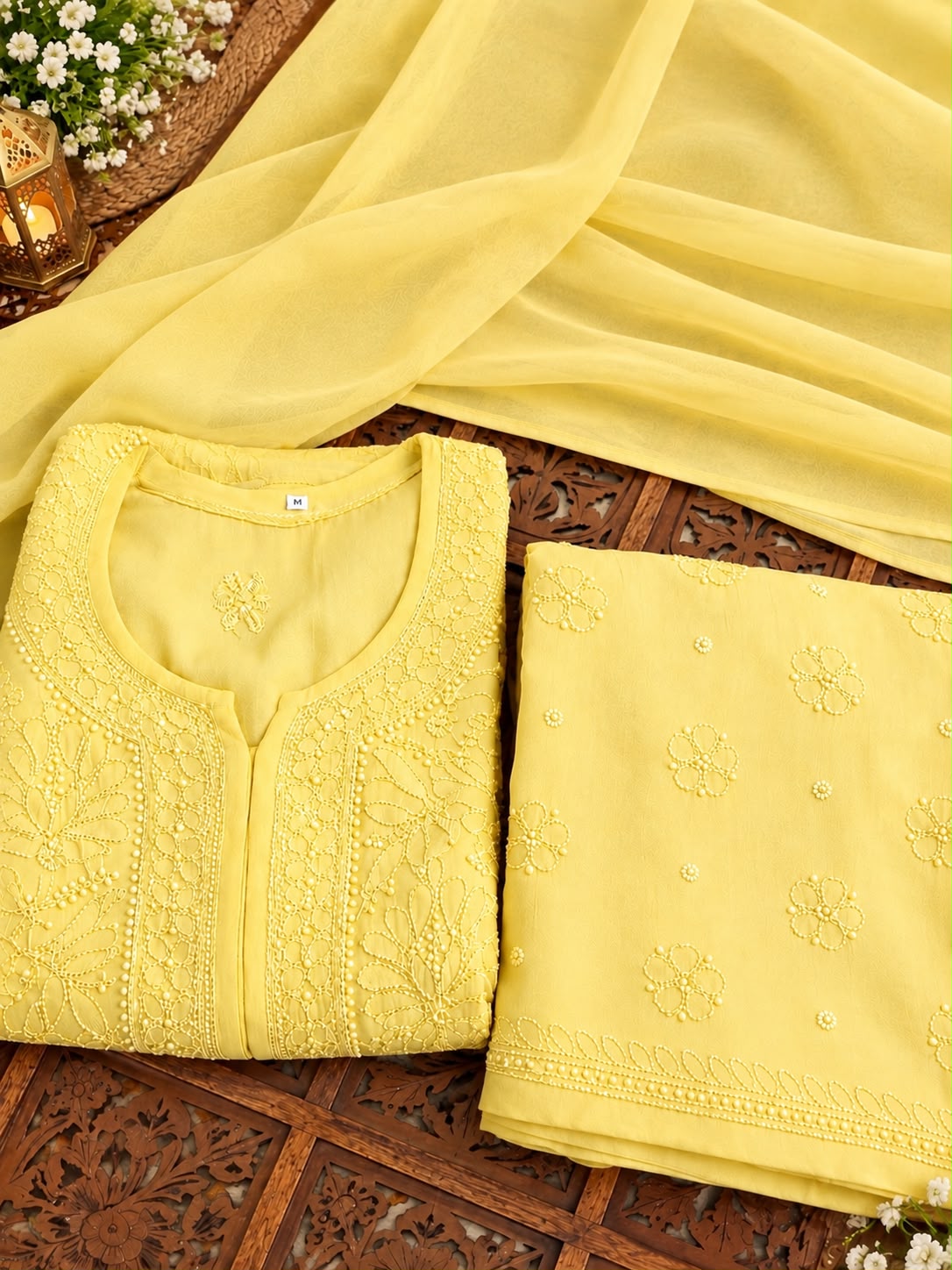 Light yellow Resham Viscose Jaal Kurti, Palazzo & Dupatta Set (New)