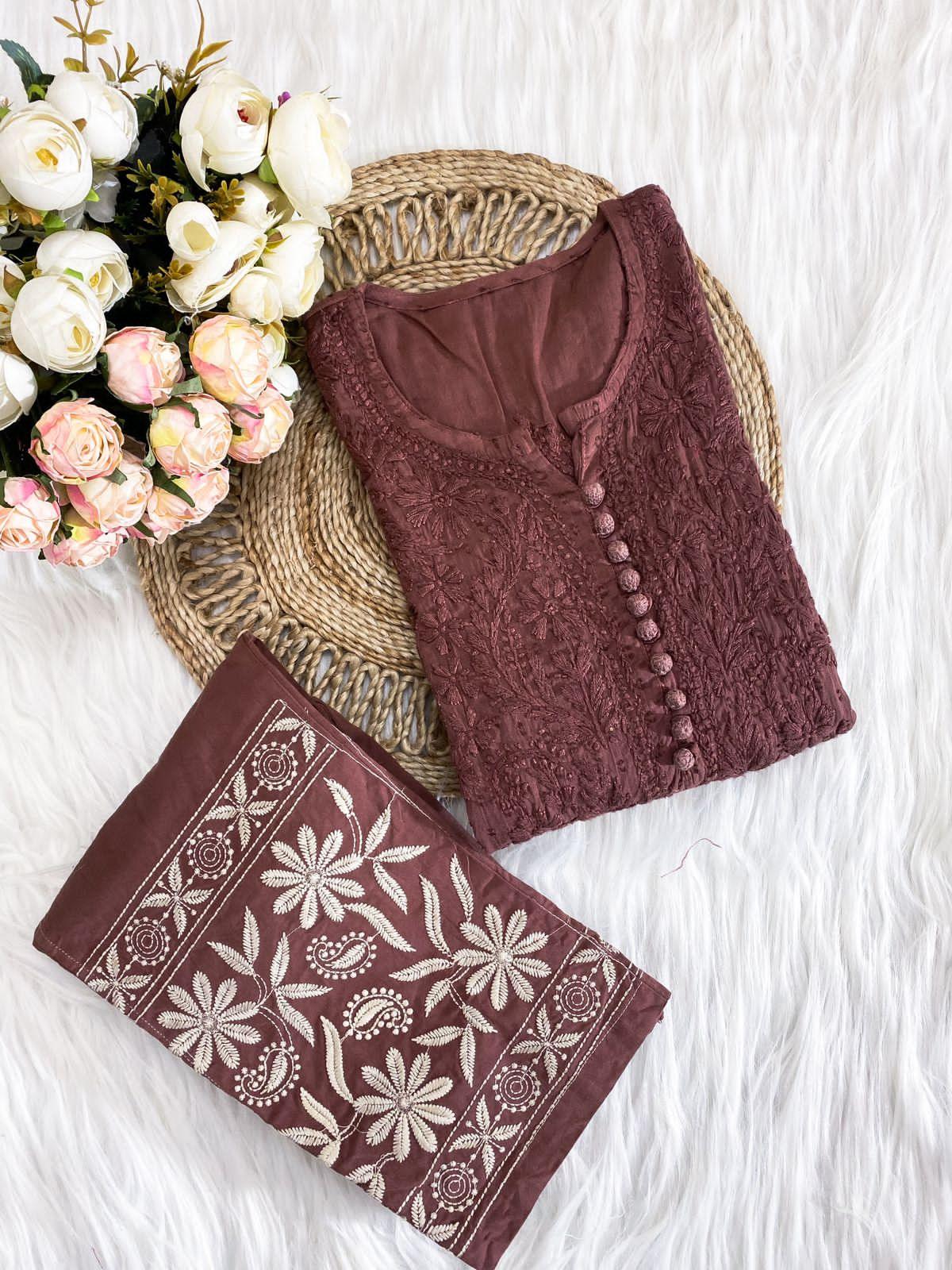 Chocolate Brown Cotton Chikankari Hand Work Kurti Pant Sets - Inayakhan Shop